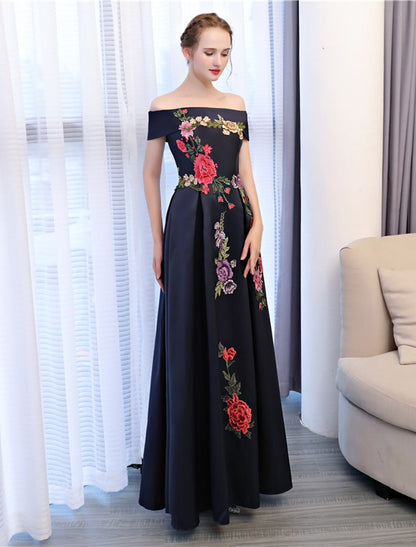 Wholesa A-Line Floral Dress Wedding Guest Formal Evening Floor Length Sleeveless Off Shoulder Satin with Embroidery Appliques