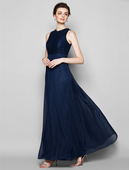 wholesale  Sheath / Column Bridesmaid Dress Jewel Neck Sleeveless Elegant Floor Length Chiffon / Lace with Lace