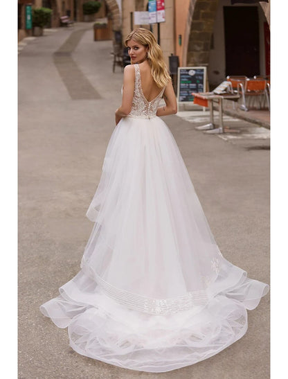 wholesale  Engagement Formal Wedding Dresses Mermaid / Trumpet V Neck Sleeveless Court Train Satin Bridal Gowns With Appliques Solid Color