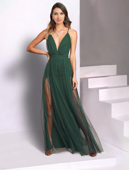 Wholesa A-Line Wedding Guest Dresses Open Back Dress Party Wear Wedding Party Floor Length Sleeveless Spaghetti Strap Bridesmaid Dress Tulle with Pleats
