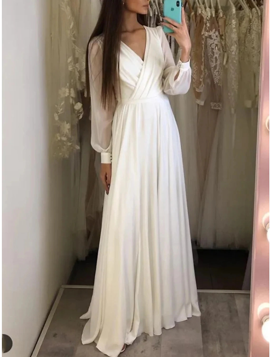 Wholesa Little White Dresses Wedding Dresses A-Line V Neck Long Sleeve Sweep / Brush Train Chiffon Bridal Gowns With Pleats Solid Color