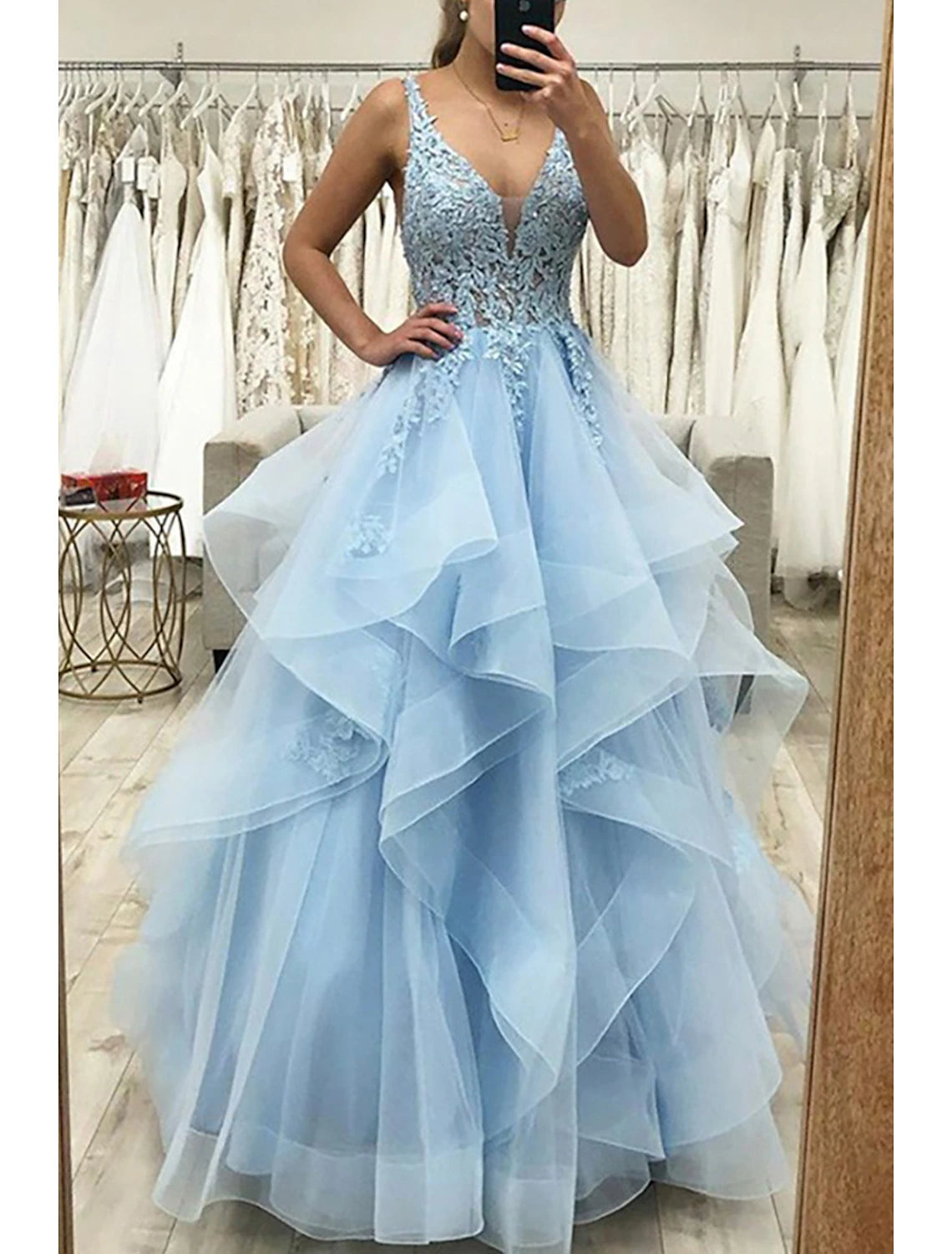 wholesale  Ball Gown A-Line Prom Dresses Princess Dress Formal Prom Floor Length Sleeveless V Neck Tulle Backless with Pleats Ruched Appliques