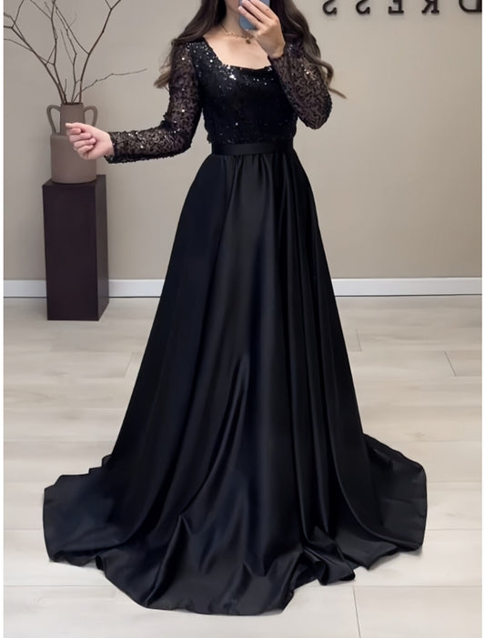 Wholesa A-Line Evening Gown Elegant Dress Formal Sweep / Brush Train Long Sleeve Square Neck Satin with Glitter Pleats