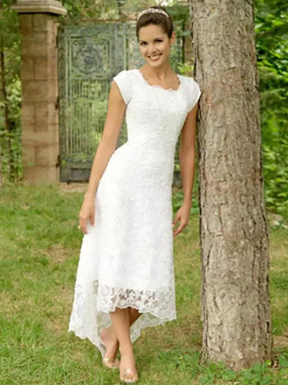 Wholesa  A-Line/Princess Lace Scoop Short Sleeves Asymmetrical Wedding Dresses