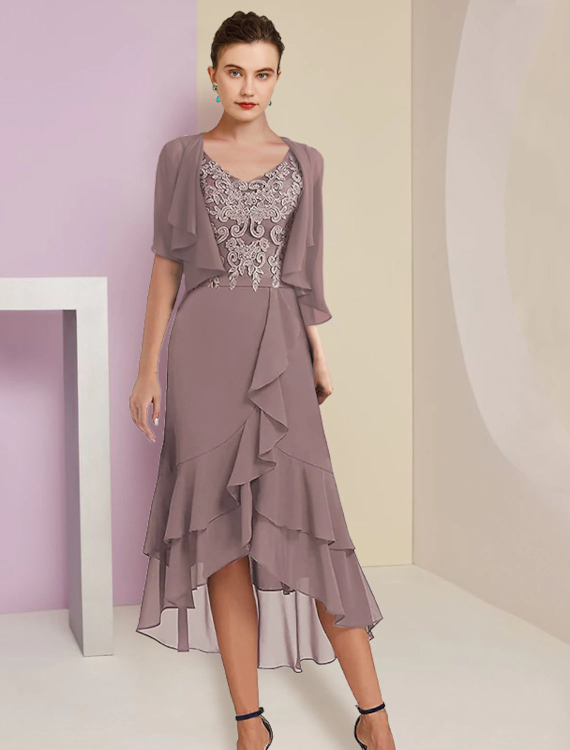 wholesale  Two Piece A-Line Mother of the Bride Dress Formal Fall Wedding Guest Elegant High Low V Neck Asymmetrical Tea Length Chiffon Lace Short Sleeve 3/4 Length Sleeve Wrap Included with Appliques