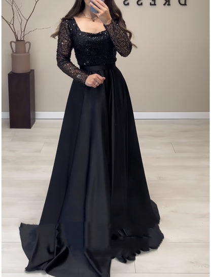 Wholesa A-Line Evening Gown Elegant Dress Formal Sweep / Brush Train Long Sleeve Square Neck Satin with Glitter Pleats