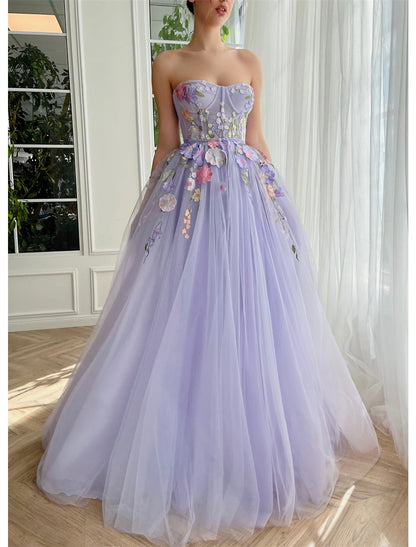 Wholesa A-Line Evening Gown Floral Dress Wedding Court Train Sleeveless Strapless Tulle with Appliques