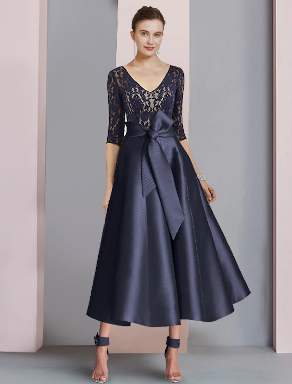 wholesale  A-Line Mother of the Bride Dress Wedding Guest Vintage Elegant V Neck Ankle Length Satin Lace Half Sleeve with Bow(s) Pleats