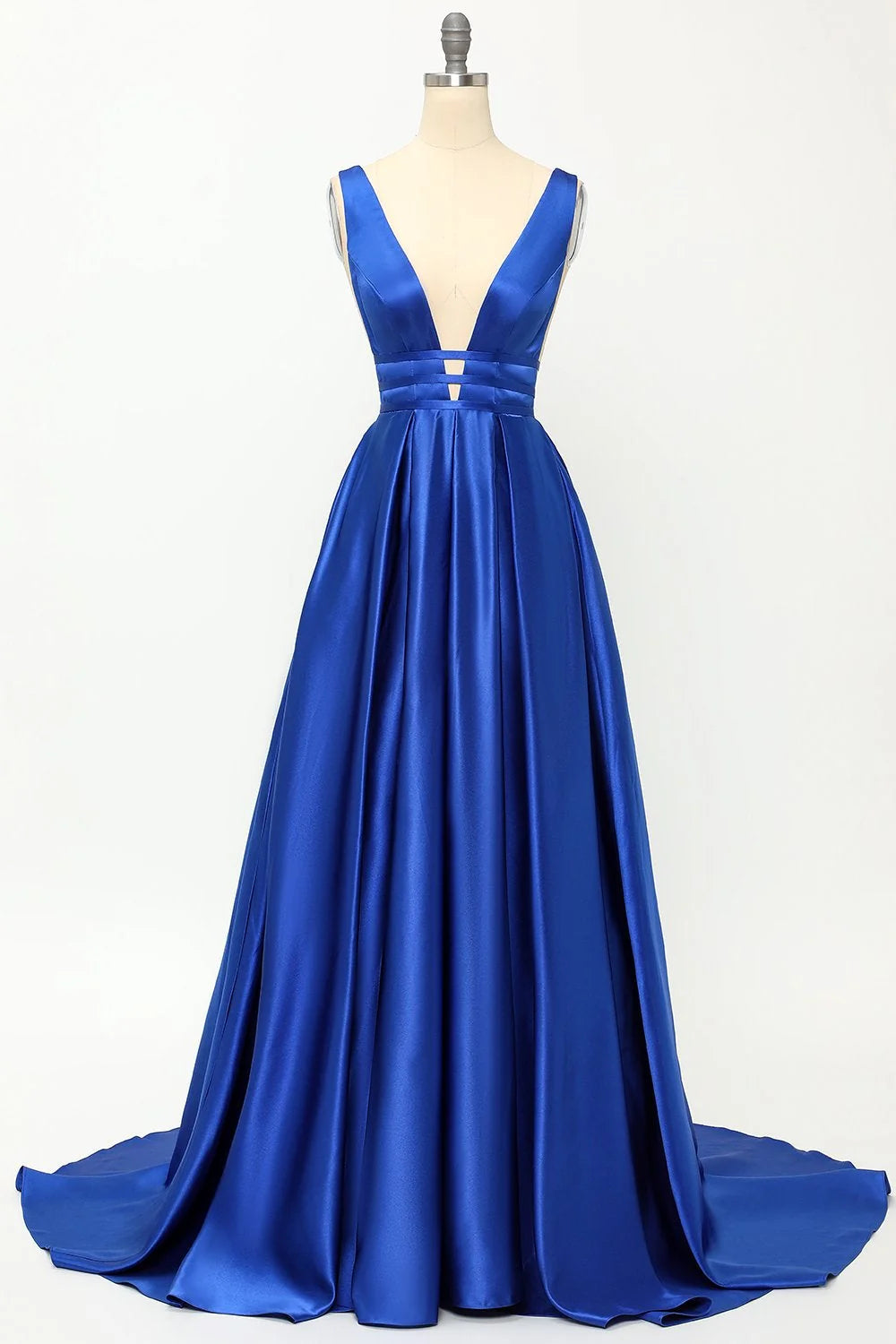 Weitese Dress Dark Navy Long A-line V-neck Satin Open Back Formal Graduation Prom Dresses