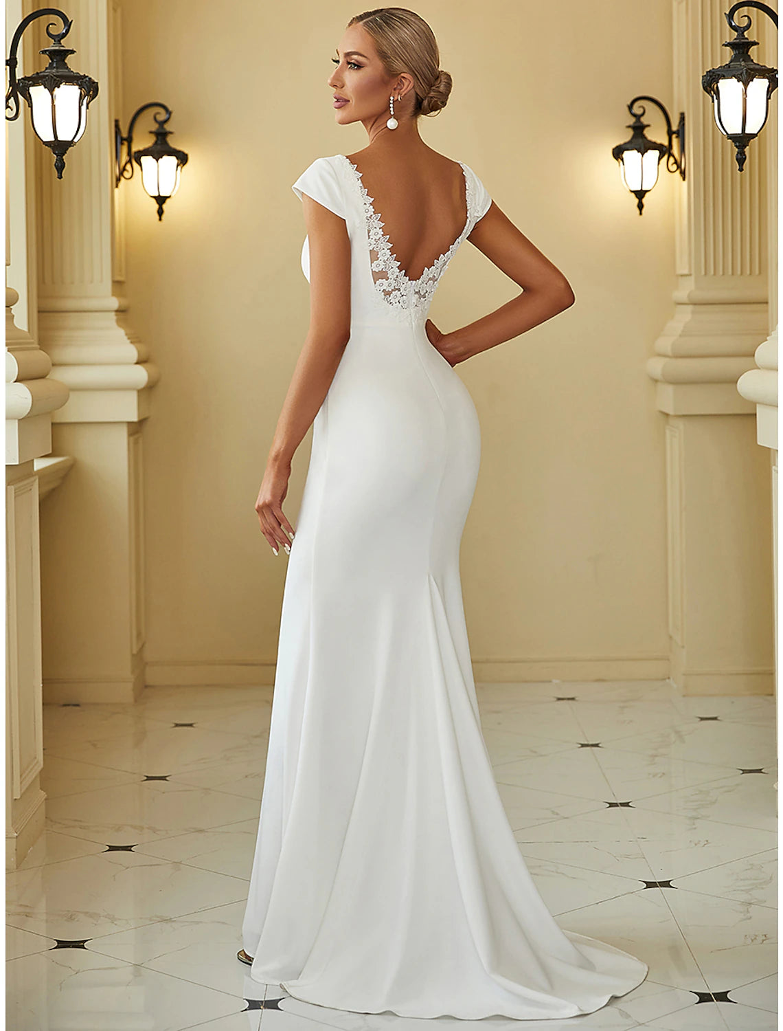 wholesale Reception Casual Wedding Dresses Mermaid / Trumpet V Neck Cap Sleeve Sweep / Brush Train Stretch Fabric Bridal Gowns With Draping Solid Color