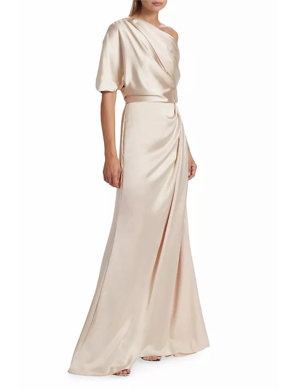Wholesa A-Line Mother of the Bride Dress Formal Wedding Guest Elegant Simple Off Shoulder Floor Length Charmeuse Short Sleeve with Side Draping Side-Draped Solid Color