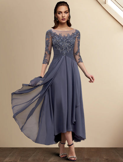 wholesale  A-Line Mother of the Bride Dress Wedding Guest Plus Size Elegant High Low Jewel Neck Asymmetrical Tea Length Chiffon Lace 3/4 Length Sleeve with Sequin Appliques Fall