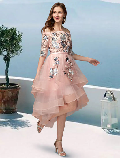wholesa A-Line Prom Dresses Floral Dress Evening Party Wedding Party Asymmetrical Half Sleeve Off Shoulder Satin with Embroidery Appliques