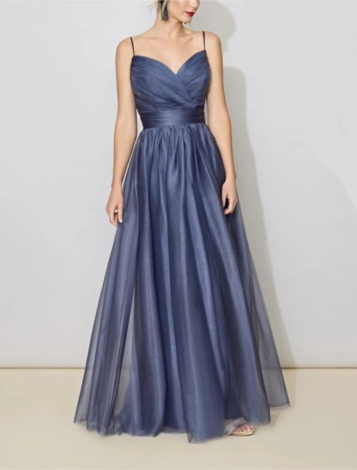 Wholesa  A-Line Bridesmaid Dress V Neck Sleeveless Elegant Floor Length Tulle with Ruching