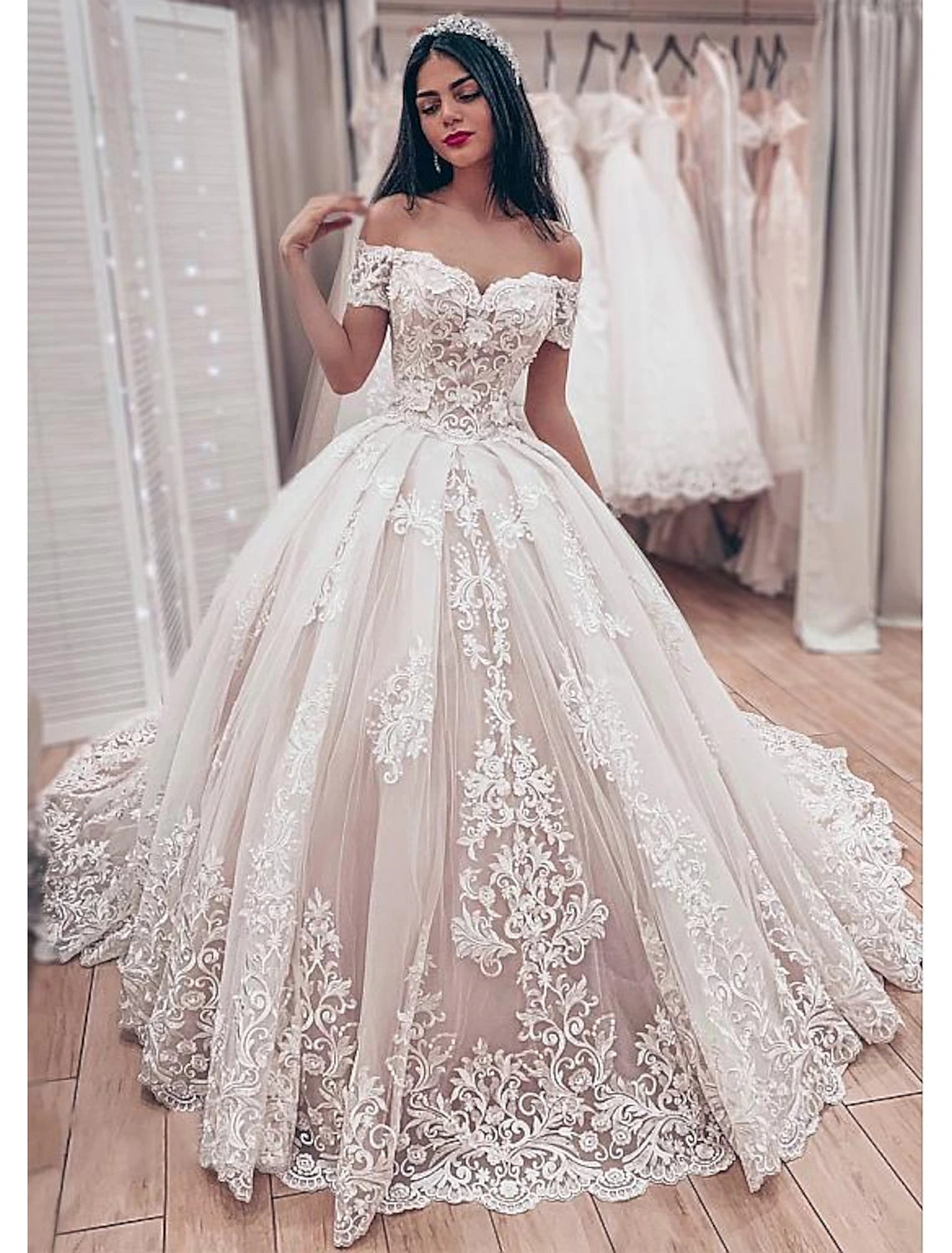 wholesale  Engagement Formal Fall Wedding Dresses Ball Gown Off Shoulder Cap Sleeve Chapel Train Lace Bridal Gowns With Pleats Appliques